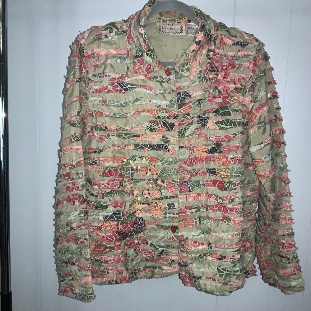 Life Style vintage beaded button front jacket Sz L lined art to wear dimensional
